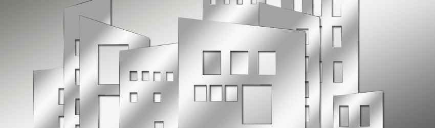 profilo di palazzi stilizzati argentati su sfondo argentato