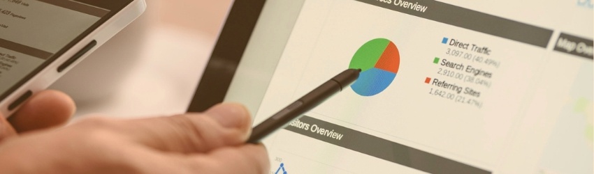 Mano di uomo che con un pennino indica uno schermo di computer su cui compare un grafico a torta e diversi dati relativi al traffico di visitatori su un sito web