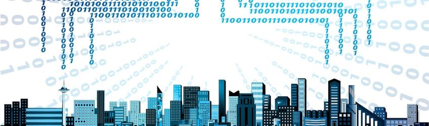 Banche Dati Edilizia: illustrazione di una nuvola da cui sgorgano codici binari che si collegano alla città sottostante